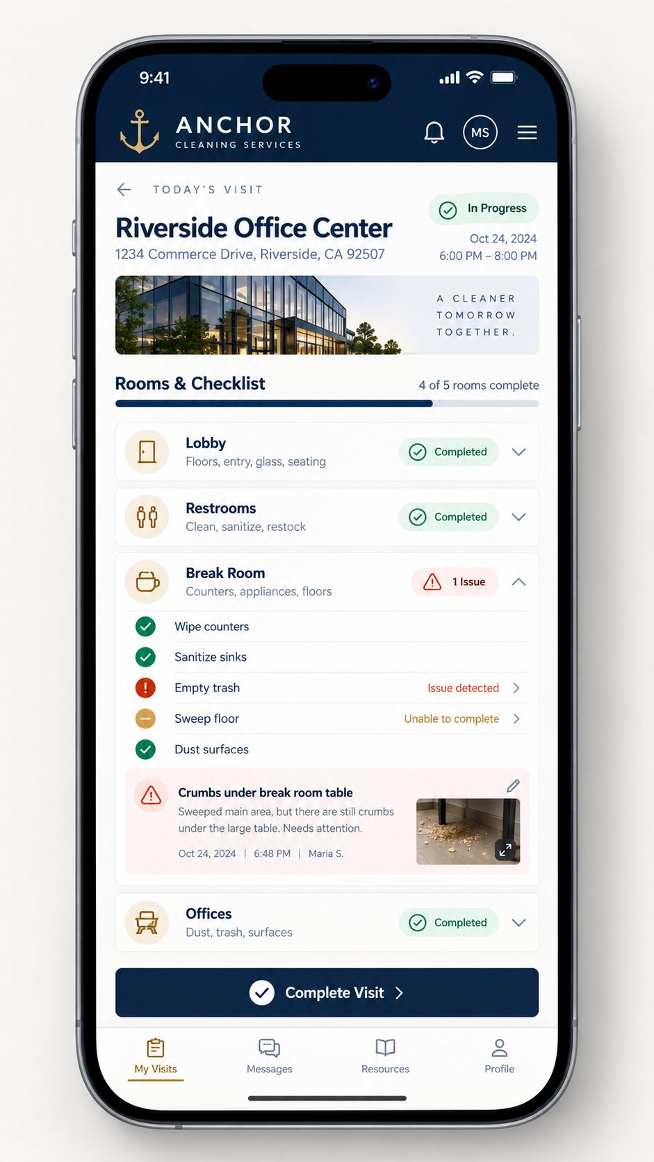 Anchor cleaner mobile checklist showing completed tasks, flagged issues, and visit exception documentation.