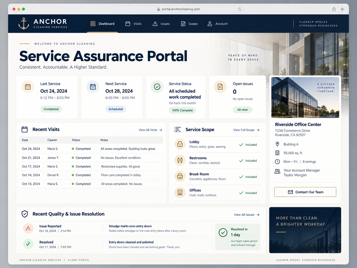 Anchor Service Assurance Portal showing recent cleaning visits, service status, next service, open issues, and facility scope.
