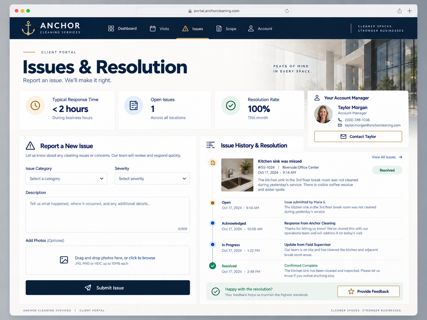 Anchor client portal issue-resolution screen showing a missed kitchen sink report progressing from open to resolved.